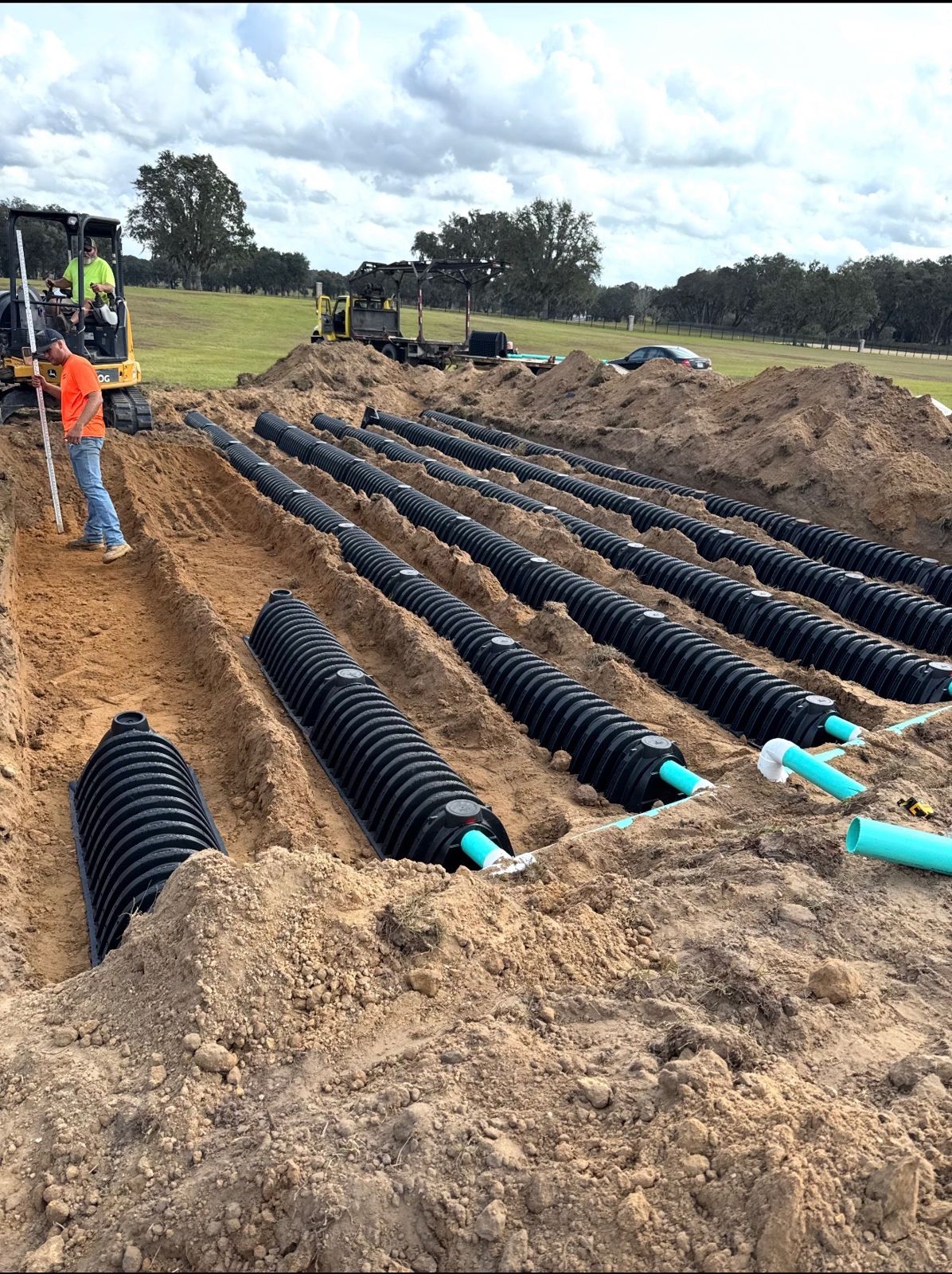 Newly installed septic drainfield chamber lines beside a new home in Citrus County, Florida